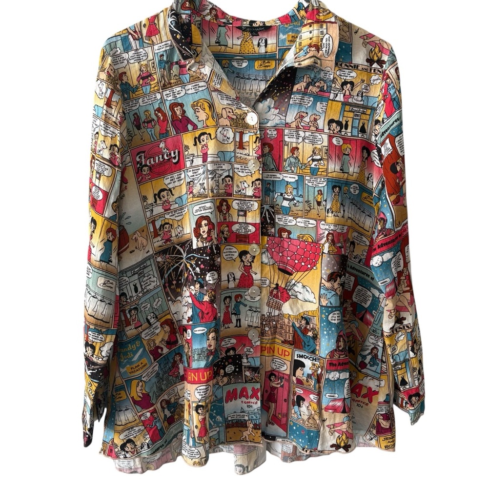 John Mark Women’s Button Down L/S Comic Strip Smock Shirt Top Size Large